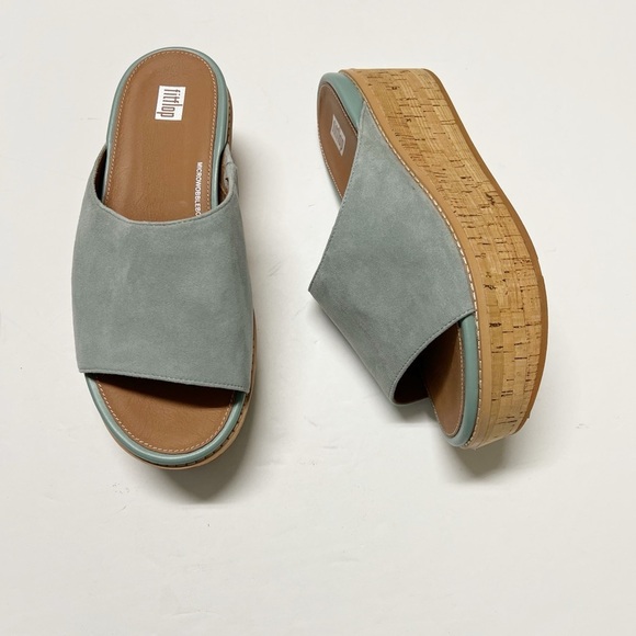 Fitflop Shoes - Fitflop Cool Blue Eloise Cork Wrapped Leather Platform Wedge Slide Sandal Size 8